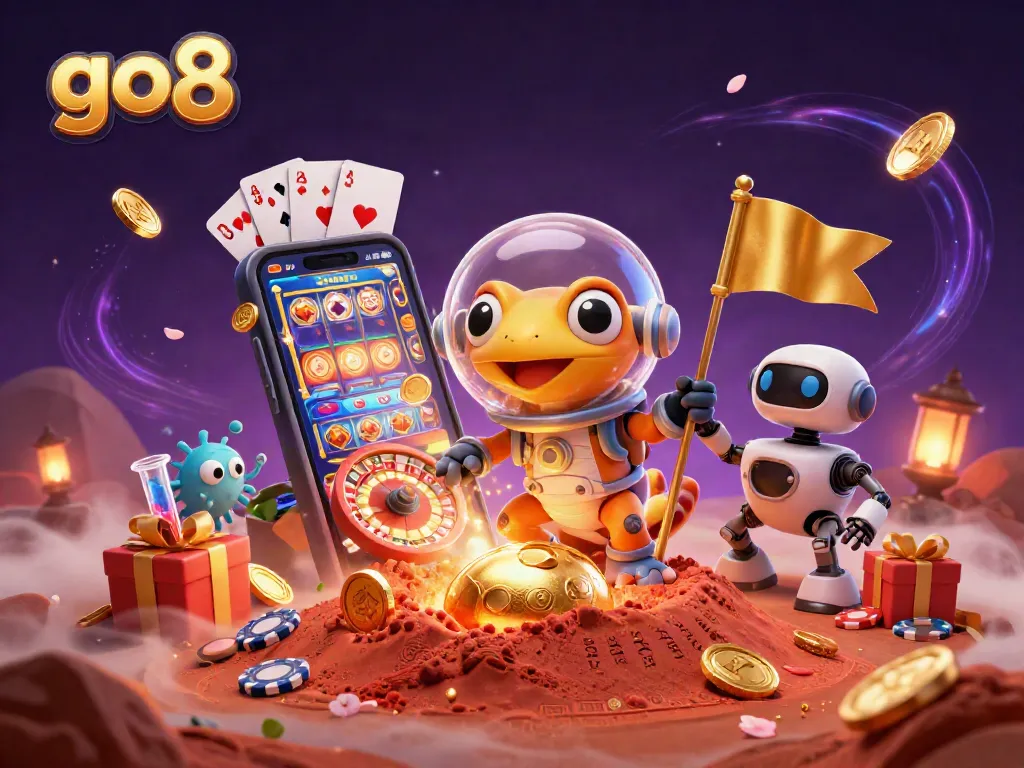 Engage with exciting go8 casino action in a dynamic 3D scene featuring colorful slot games and playful Martian characters.