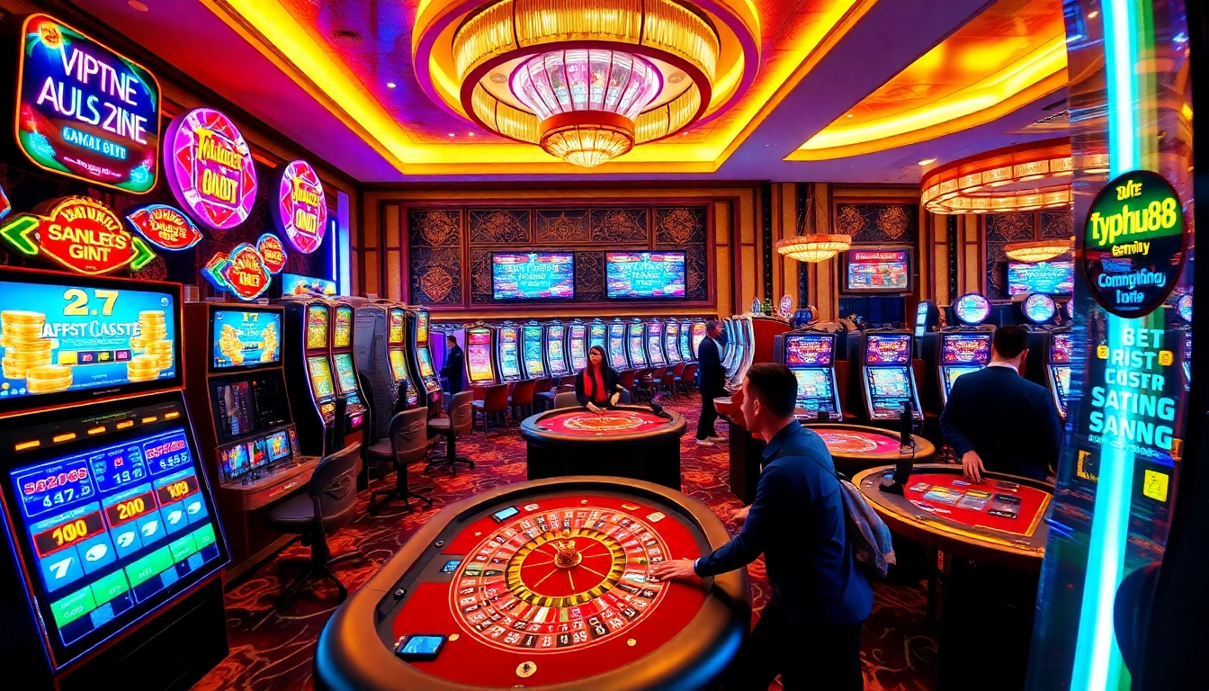 Exciting gambling experience at typhu88 casino with vibrant tables and slot machines.