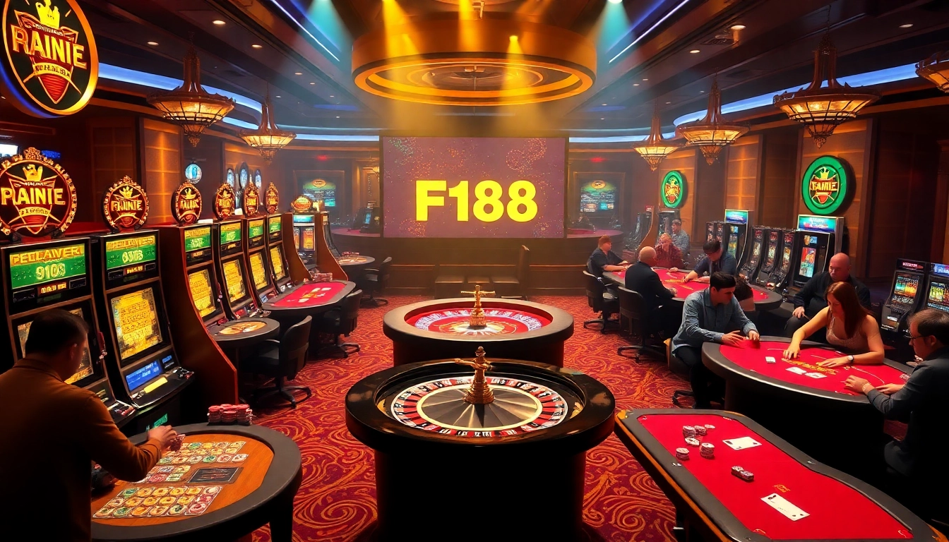 F168 casino players engaging at vibrant tables, showcasing excitement and luxury.