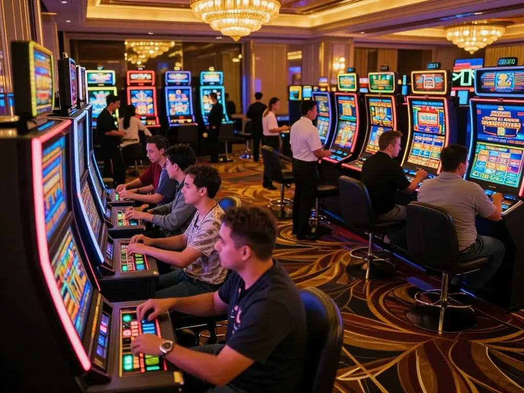 NOHU players celebrating wins at vibrant slot machines in an upscale casino floor