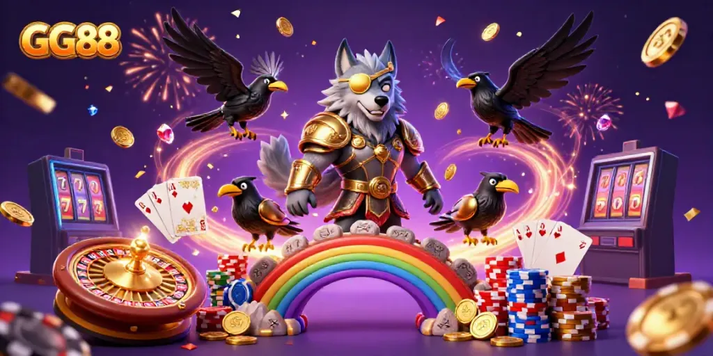 Experience thrilling plays at GG88 with vibrant casino elements flying around a mythical scene.
