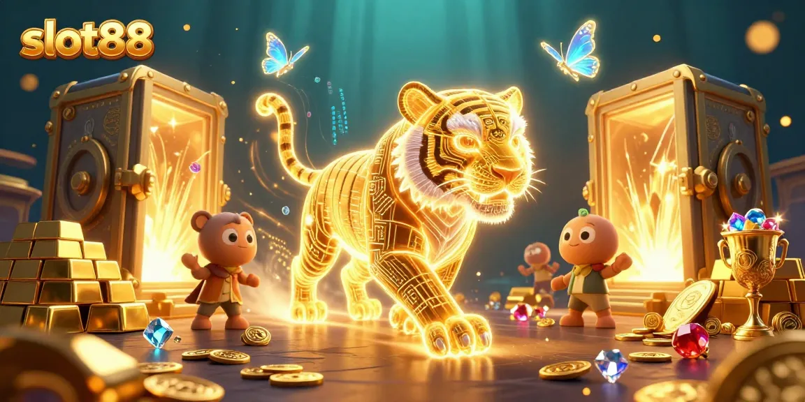 Experience thrilling wins at slot88 with a vibrant, dynamic casino scene featuring golden treasures and a glowing tiger.