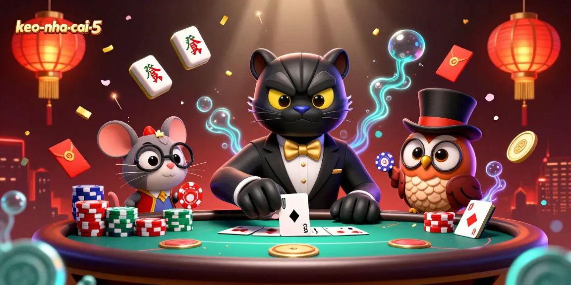 Engage with keo-nha-cai-5 through a vibrant scene of a stylish panther, poker owl, and lucky mouse celebrating a casino atmosphere.