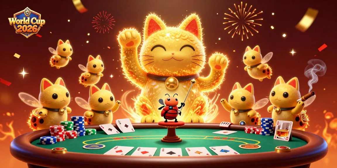 Experience World Cup 2026 in a vibrant 3D casino art with lucky cat symbols and poker dynamics.