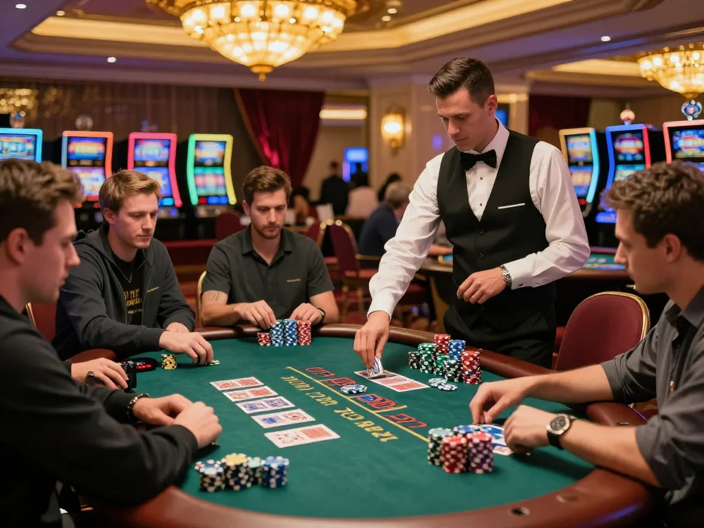 Players enjoy an intense round of blackjack at the lucky88 casino, highlighting vibrant chips and focused gameplay.