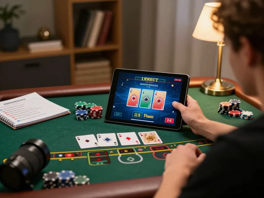 Engaging in RED88 online blackjack with tablet in cozy home setting