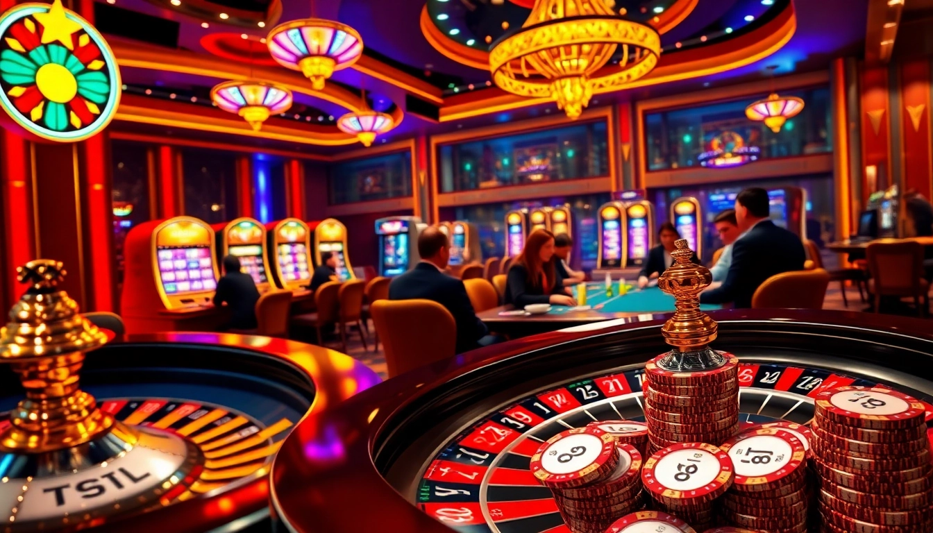 A vibrant casino scene with players enjoying poker and roulette, featuring tg88.black branding, capturing the thrill of high-stakes gambling.