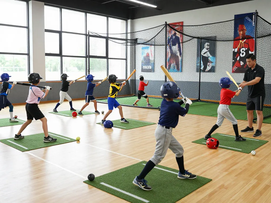 Young athletes at hitclub practicing batting techniques in a bright training facility.