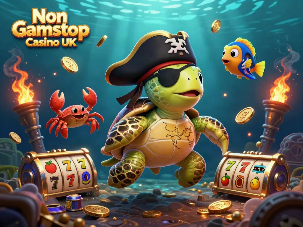 Engaging scene of a 3D non Gamstop casino representation with a pirate turtle, crab, and parrotfish above vibrant slot game symbols.