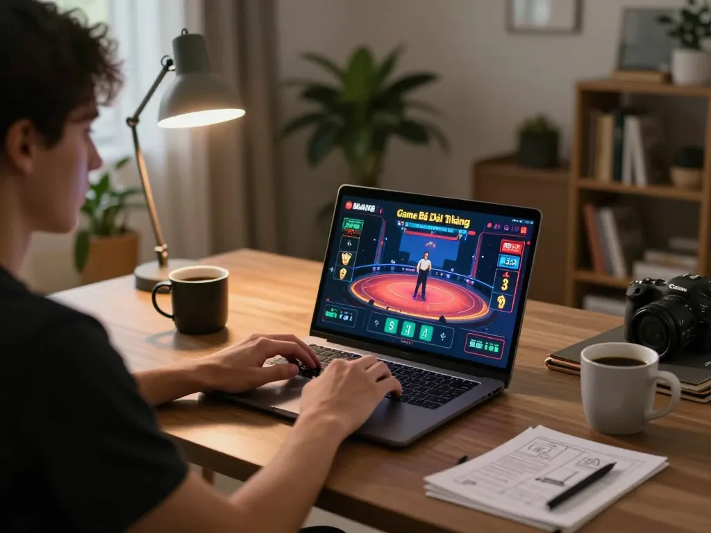 Engaging in Game Bài Đổi Thưởng at a stylish home office setup with modern decor