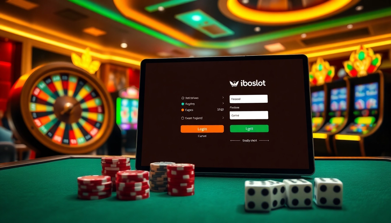 Engaging online gambling scene showcasing iboslot login with vibrant slot machines and casino elements.