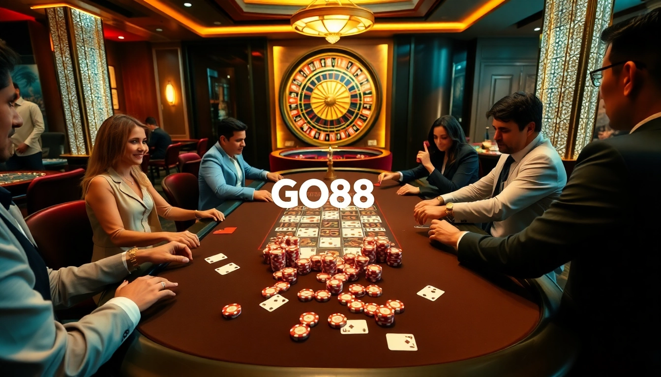 Players enjoying a thrilling game of poker at the luxurious GO88 casino table, featuring vibrant chips and cards.