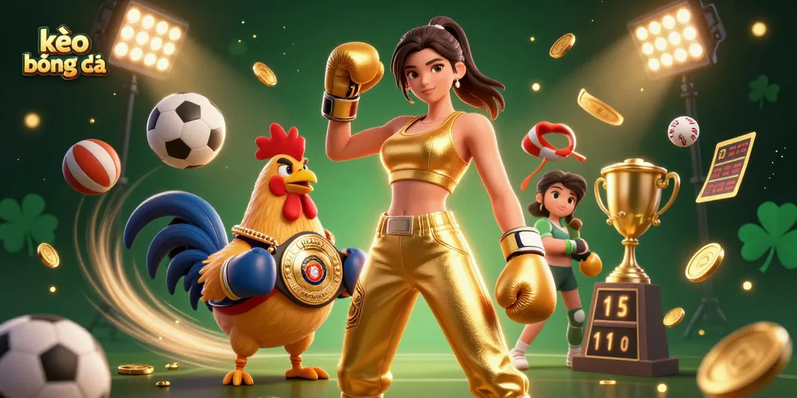 Experience kèo bóng đá thrills with an athletic woman and cartoon rooster in a dynamic betting scene.