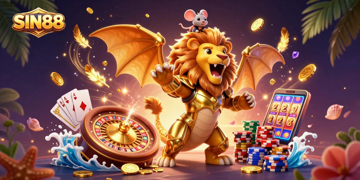 SIN88 showcases an epic casino scene with a roaring chimera, a mouse jockey, and flying coins, embodying thrilling gambling action.
