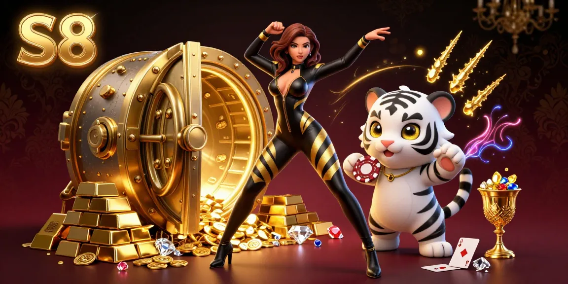 S8 shines as a vibrant online casino illustration with a woman in a striking catsuit and a playful tiger.