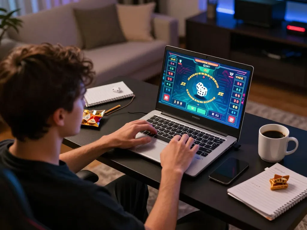 Tài xỉu online gameplay on laptop in a cozy home setup, showcasing a player's engagement in thrilling betting.