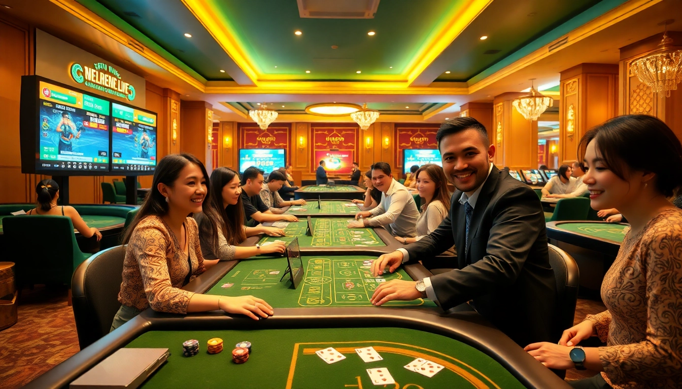 Experience the excitement of tk88win.live with players enjoying various games at a luxurious online casino setting.
