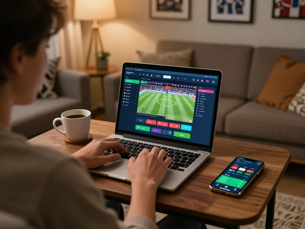 Person placing bets on hitclub using a laptop, capturing the excitement of sports betting at home.