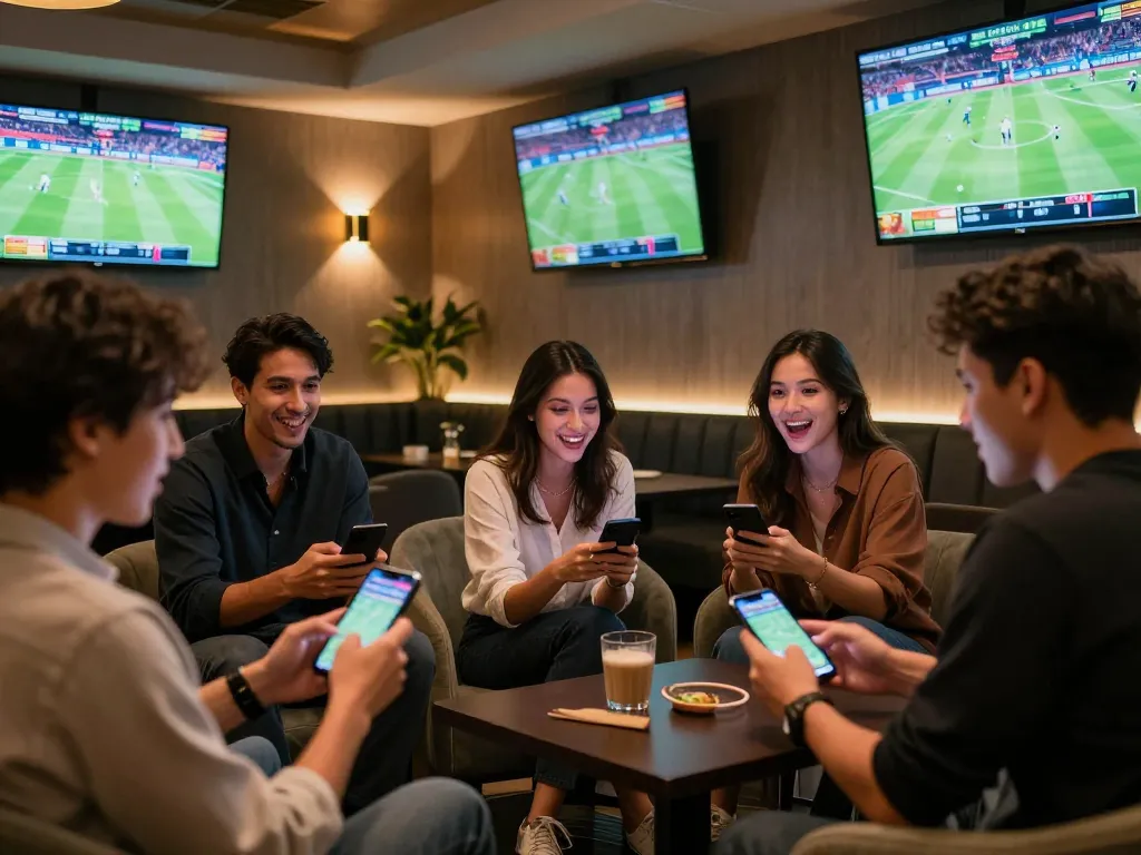 Friends enjoying live sports betting experience on keonhacai5 through smartphones in a stylish lounge.