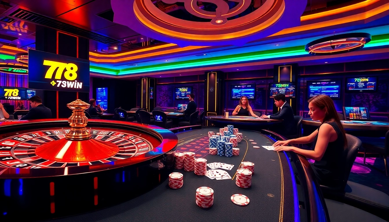 Experience thrilling gameplay at 78win with vibrant poker chips and an engaging roulette wheel.