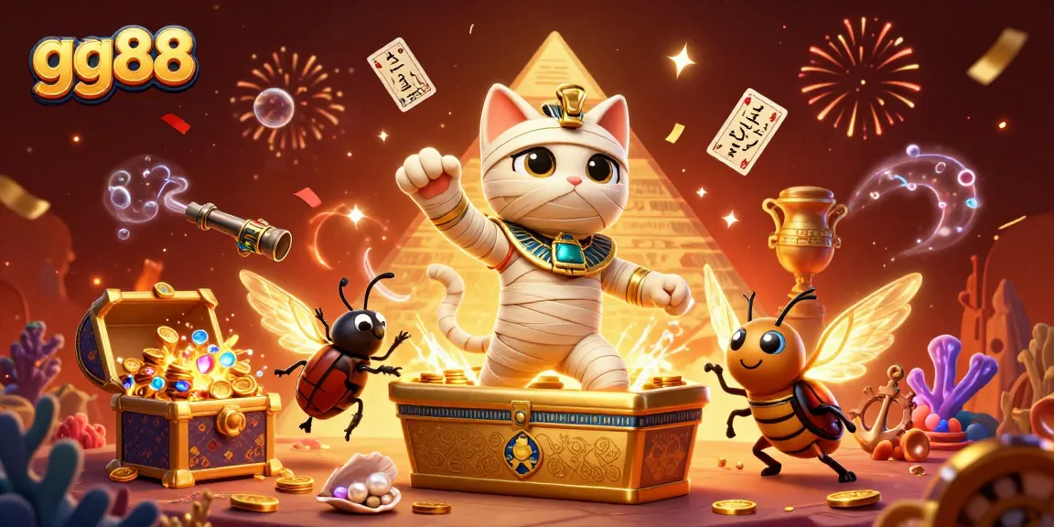 Win big at gg88 with a lively scene of a mummy cat and treasures in an exciting casino