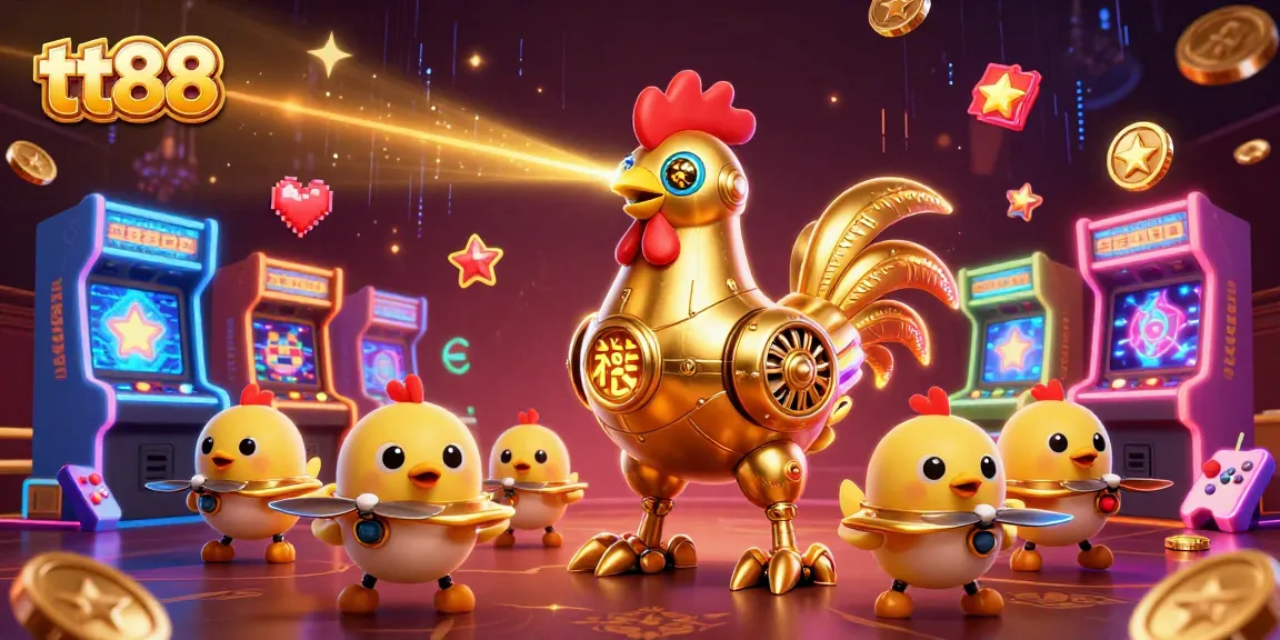 Experience thrilling gaming with tt88's golden rooster robot blasting beams amidst vibrant arcade games.