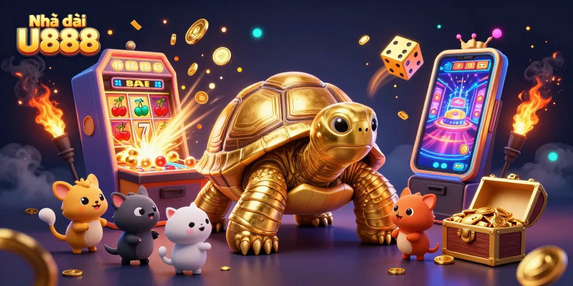 Interact with Nhà cái U888 in a thrilling 3D casino scene filled with vibrant slot machines and festive characters.