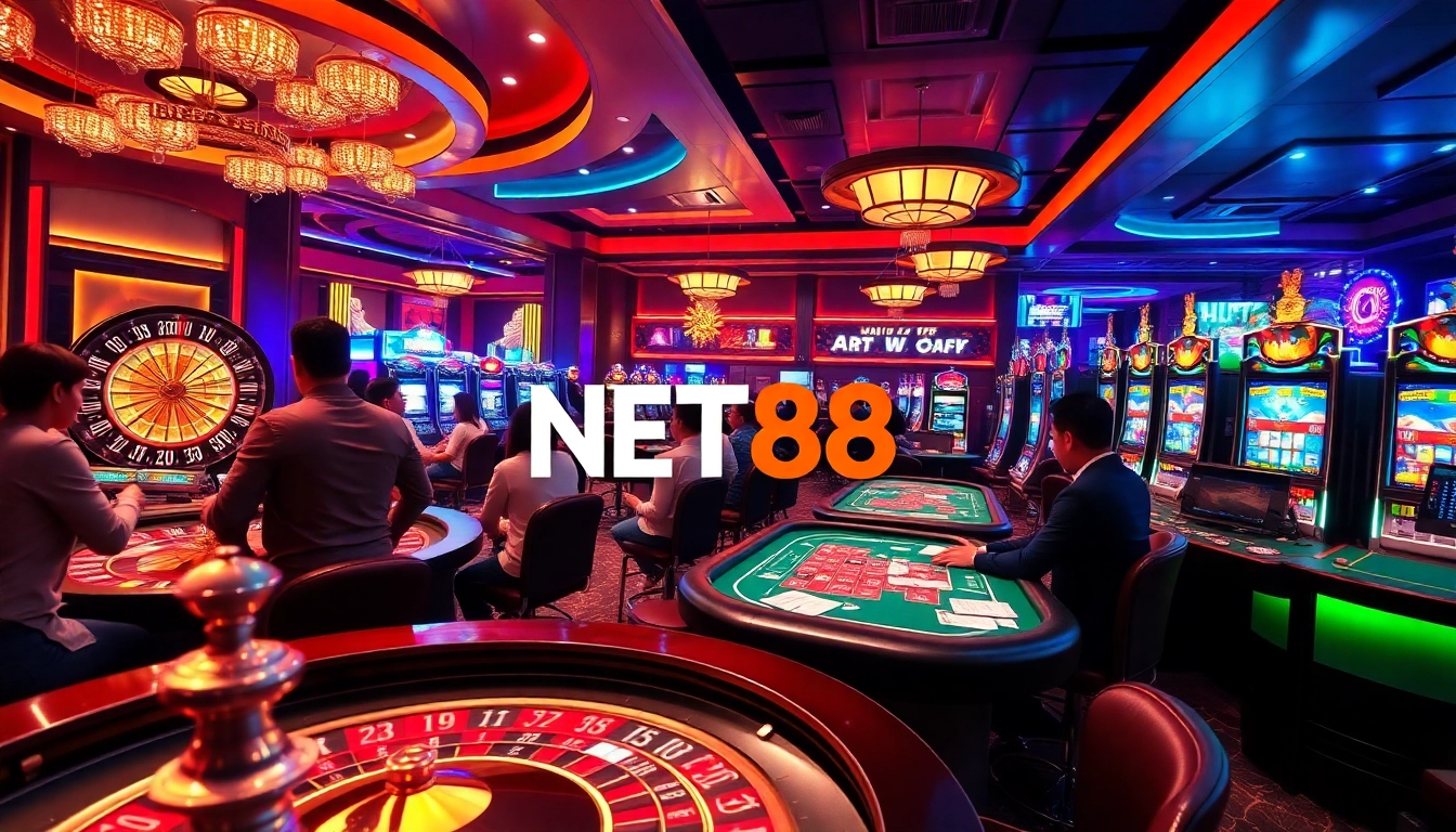 Players enjoying their gaming experience at NET88 casino with roulette and poker tables.