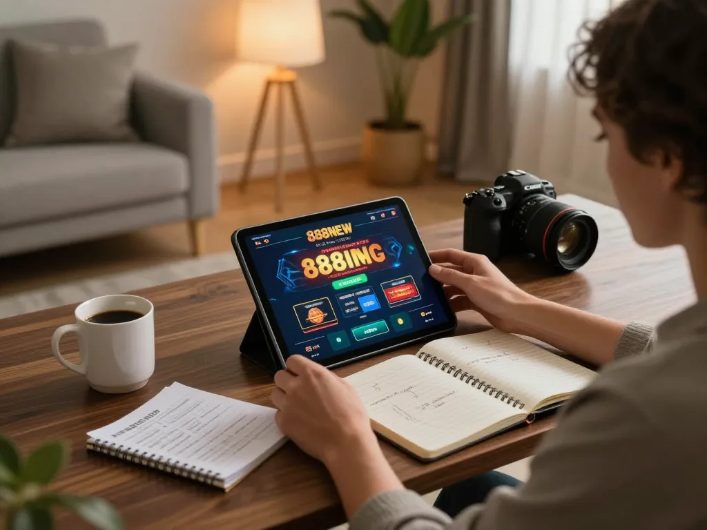Person engaging with the 888NEW casino app on a tablet in a cozy home setting, illustrating online gambling.