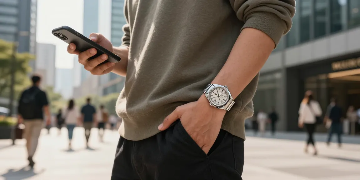 Replica watches elegantly displayed on a stylish individual in an urban setting, showcasing luxury and sophistication.