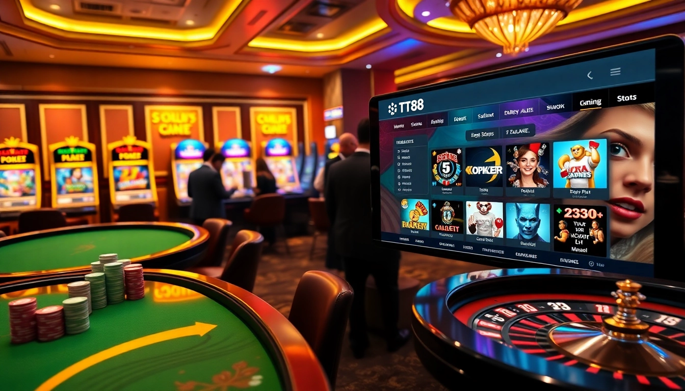 Engaging gamblers in a vibrant TT88 online casino with poker tables and slot machines.
