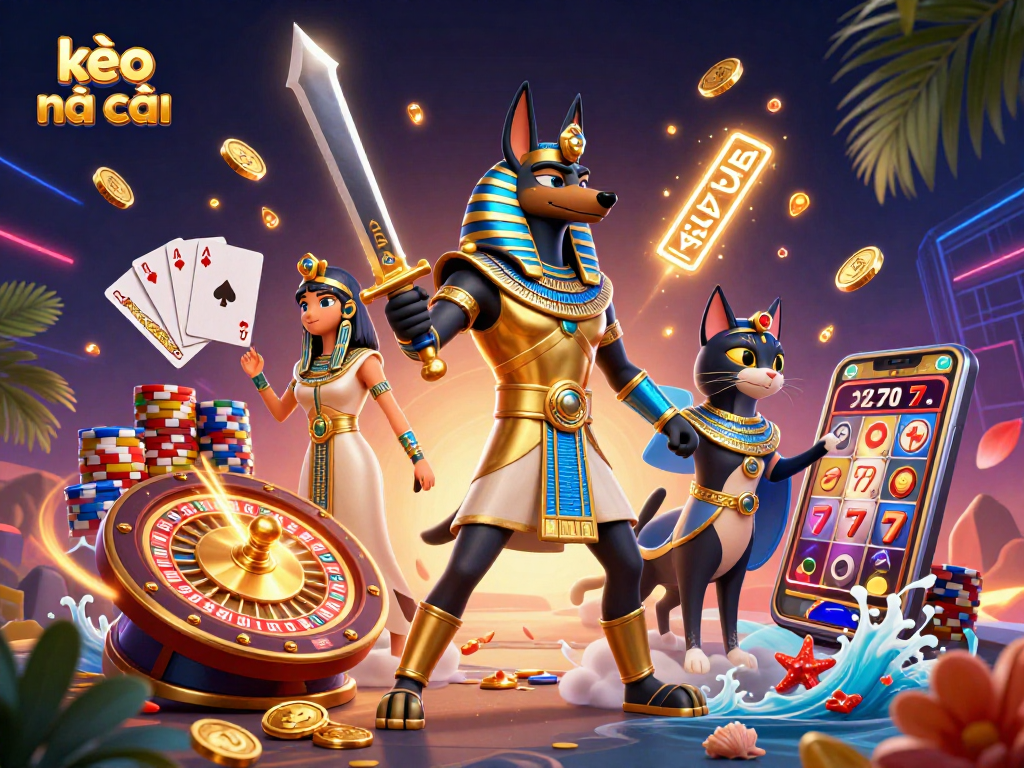 Engage with kèo nhà cái through dynamic gaming elements featuring Anubis and Bastet in a vibrant casino scene.