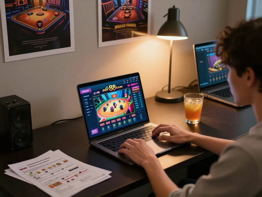 Engaged player enjoying games on nk88 com at their home setup with laptop and strategy notes.