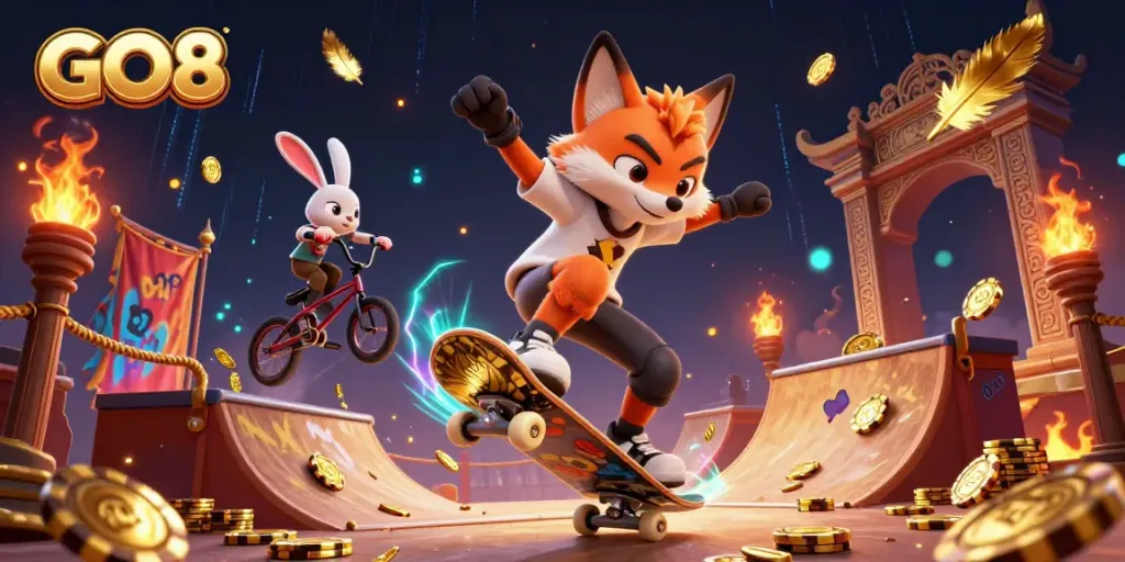 Experience the excitement of GO8 with vibrant characters and dynamic casino elements in a thrilling 3D scene.