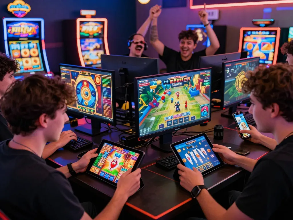 Players enjoying the rikvip gaming platform on various devices, showcasing vibrant graphics and a lively atmosphere.