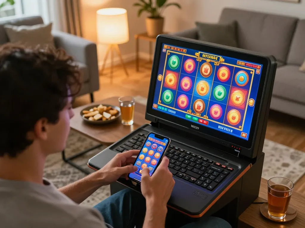 Engaging mobile gaming experience with FC88 slot game displayed on smartphone in cozy home setting