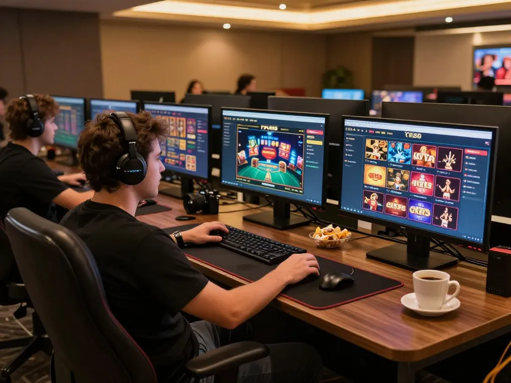 Gamer enjoying TR88 online casino on multiple screens in a cozy setup.