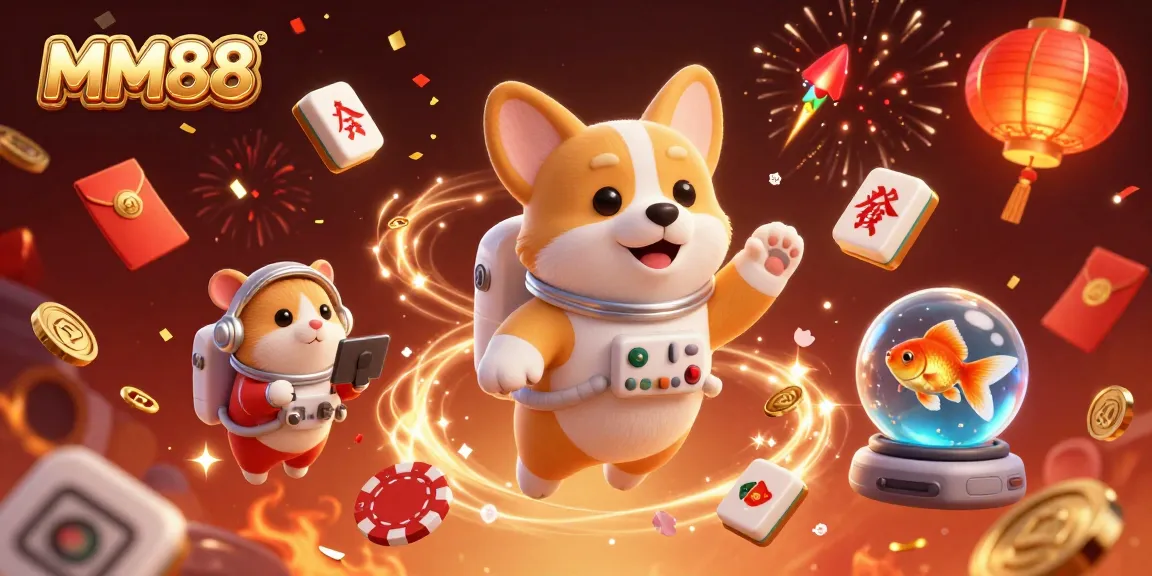 MM88 casino adventure featuring floating poker chips and a goldfish in a space-themed illustration.