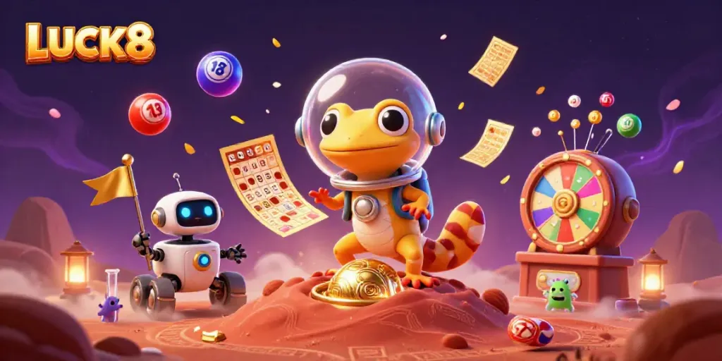 LUCK8 invites players to explore a vibrant casino scene with colorful lottery balls and exciting prizes.