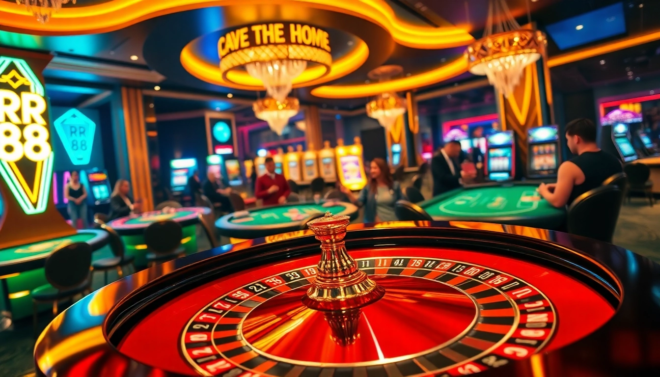 Exciting gaming environment at RR 88 casino with vibrant roulette table and poker players.