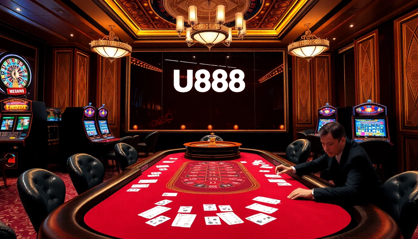 Engaging players at the U888 poker table in a luxurious casino setting with exciting games.