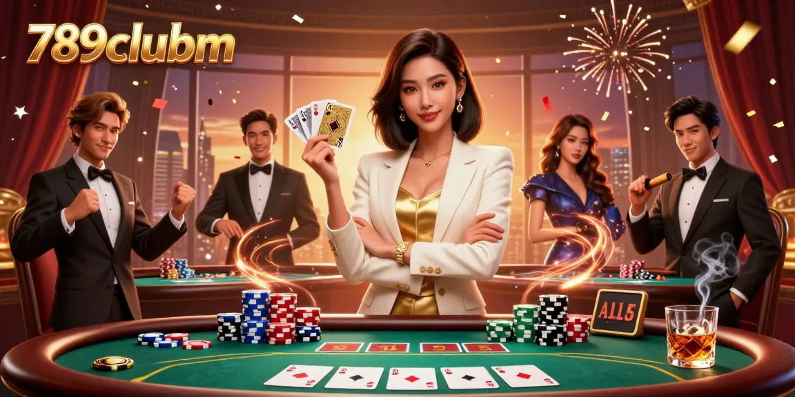 Experience thrilling gameplay at 789clubm, featuring a glamorous woman holding poker cards amidst vibrant casino elements.