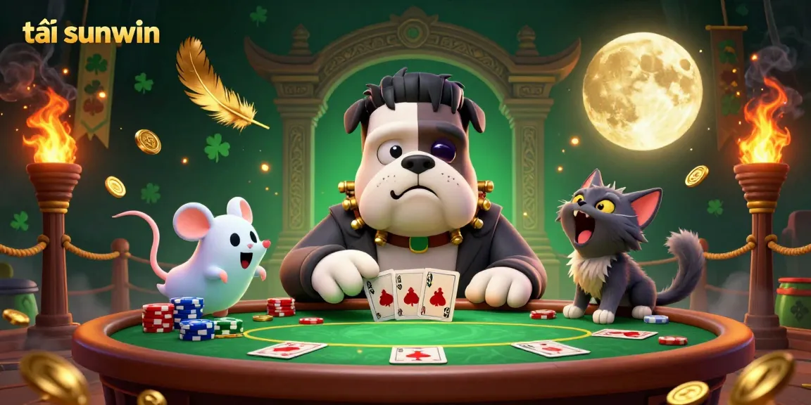 Engage with tải sunwin at the vibrant poker table, featuring a Frankenstein bulldog dealer and ghostly excitement.