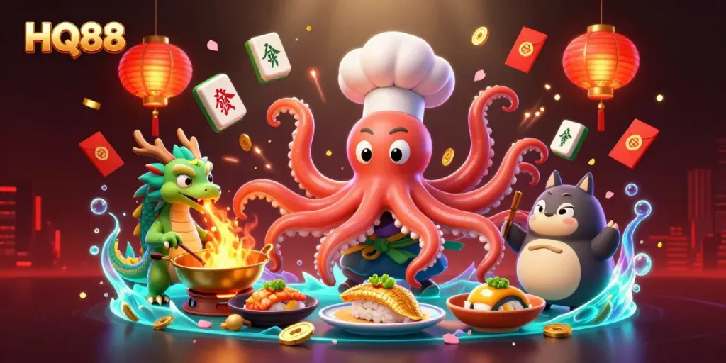 Experience the vibrant ambiance at HQ88 casino, featuring an octopus chef and unique gaming elements.