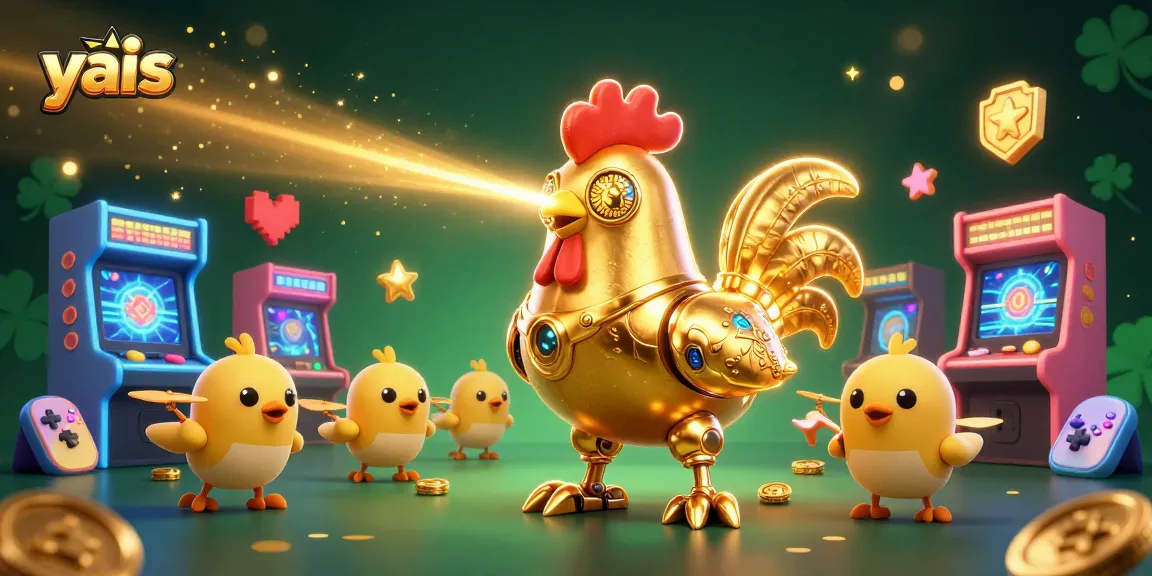Play exciting casino games at yais with golden rooster robot and vibrant arcade elements.