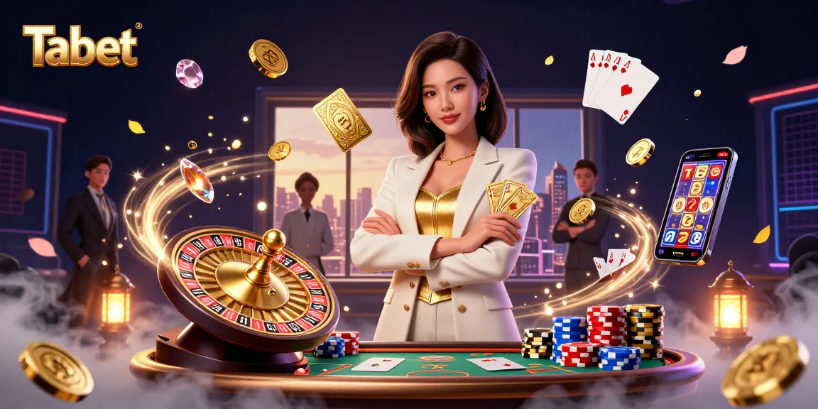Tabet showcases an elegant Asian businesswoman holding a golden deck of cards in a vibrant casino setting.