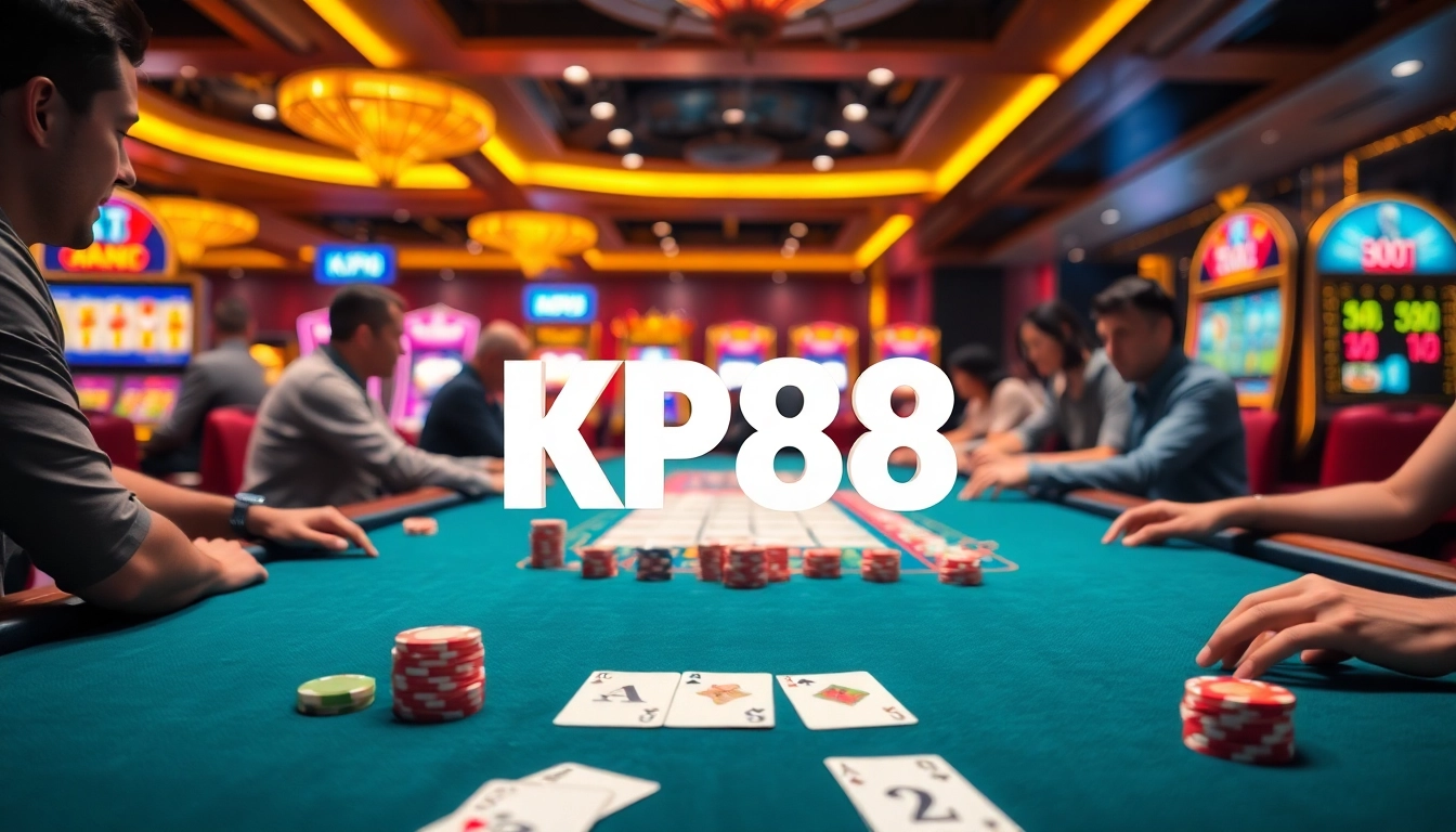 KP88 table with colorful chips and cards amidst an exciting casino scene.