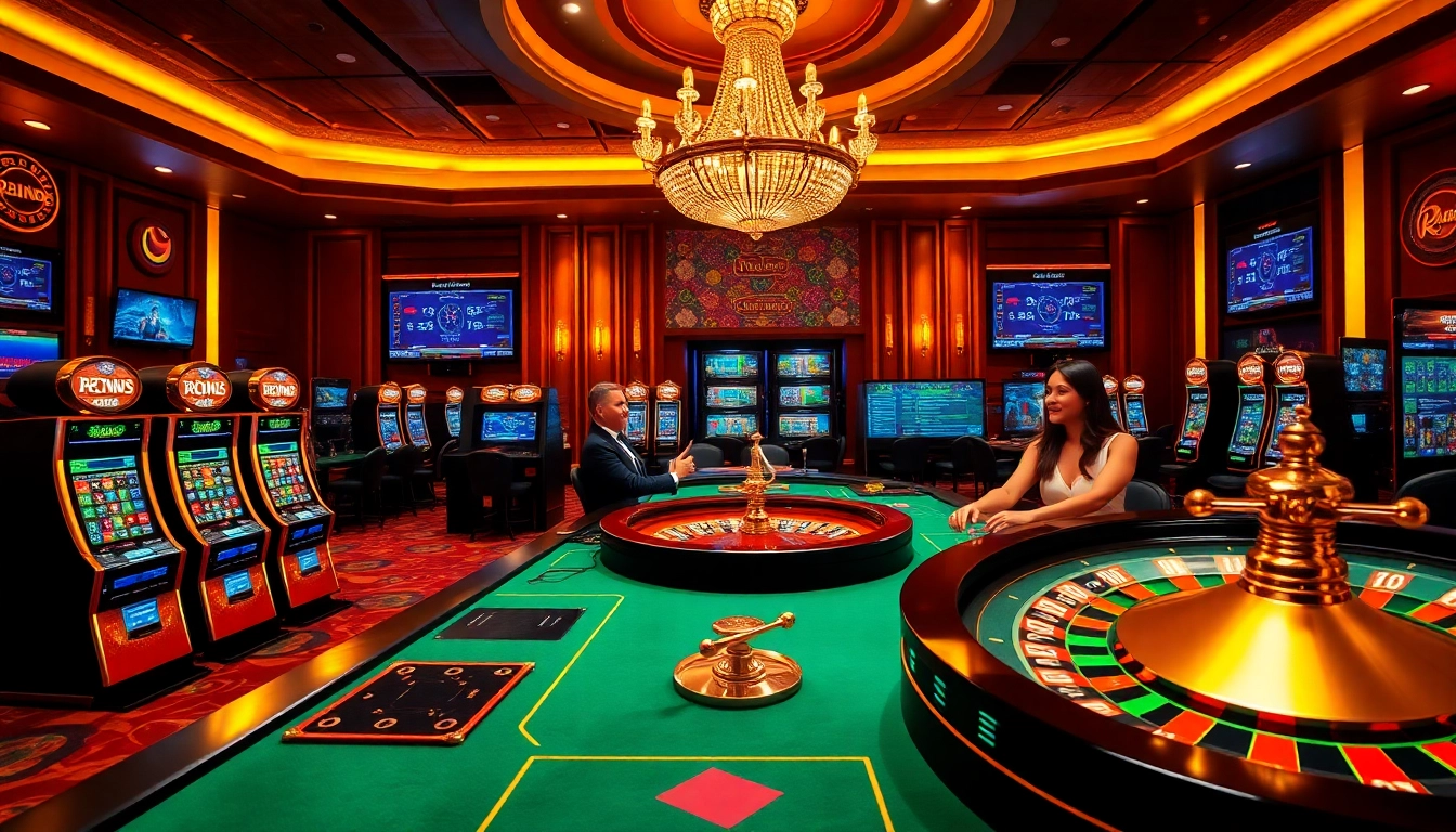 Engage with high-stakes gaming action on https://rr88c.pro/ featuring poker tables and slot machines in a vibrant casino environment.