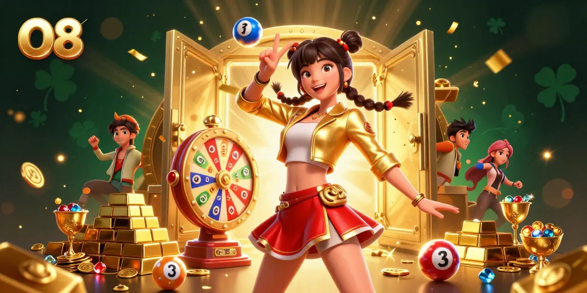Experience the thrill of O8 gaming with a smiling Asian woman surrounded by colorful lottery balls and prizes.