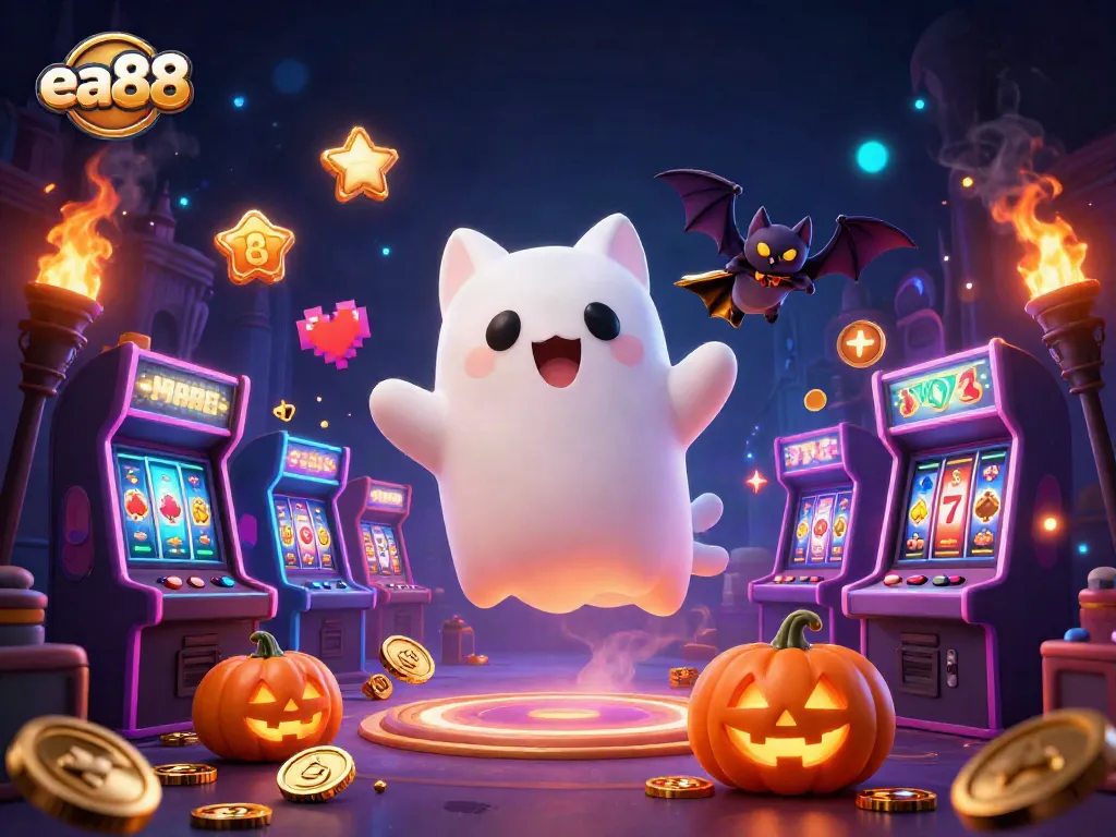 ea88 players experiencing vibrant casino action with ghostly characters and arcade machines